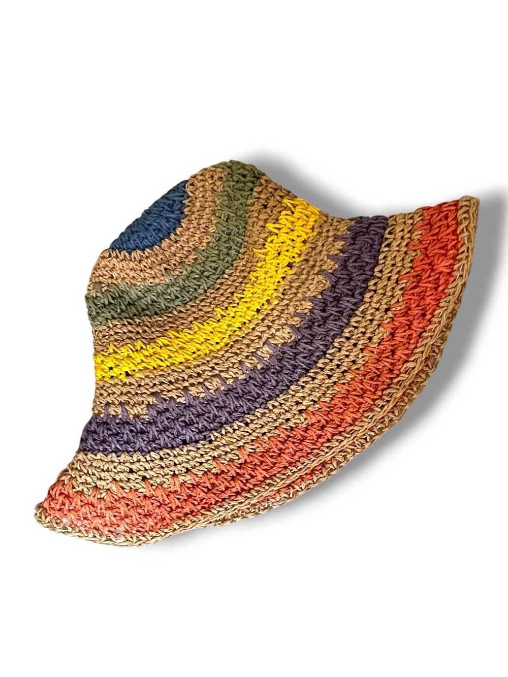 TU Multicolor Crochet Raffia Straw Bucket Hat Boho Festival Earthcore Sun Hat